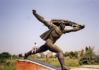 statue  Budapest has a 'Statue park', which has communist statues that were taken down when the USSR fell. Some of them are quite impressive, like this one. That is me on the dude's leg.